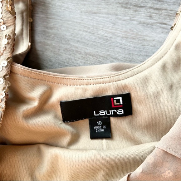 Laura CHAMPAGNE Sequins Ruffled Stretch Shift Evening Dress - Picture 6 of 12